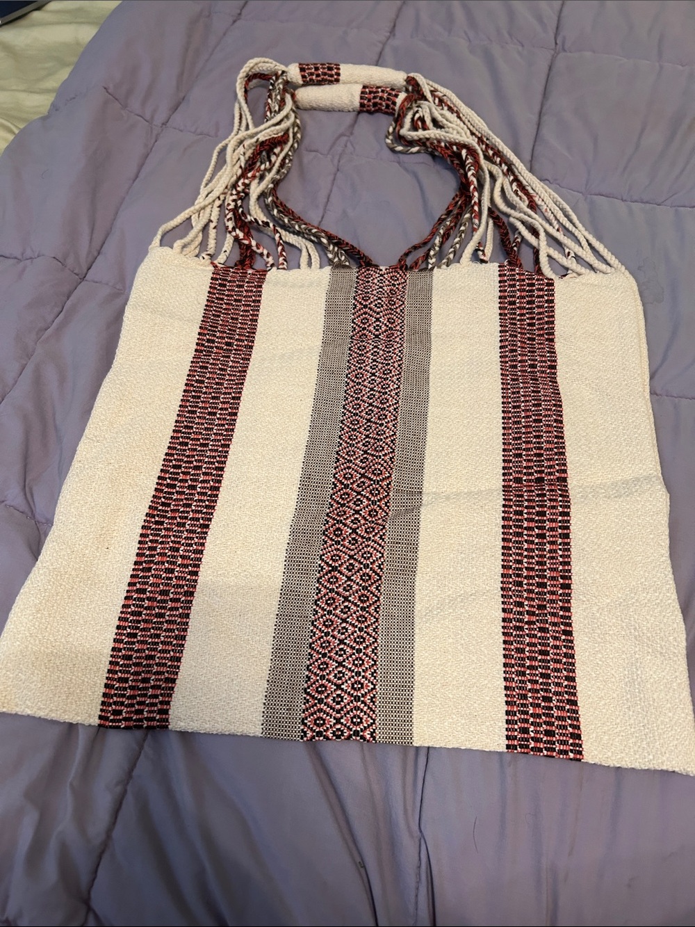 Handwoven Cream and Burgundy Striped Tote Bag 26” including handles width 16